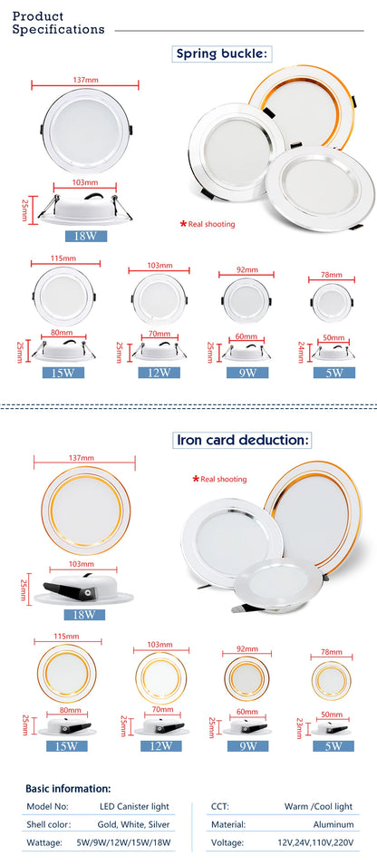 Led Downlight Recessed Round Ceiling Lamps DC 12V 24V AC110V 220V 5W 9W 12W 15W 18W Spotlight For Home Decor Living Room - GlowMart
