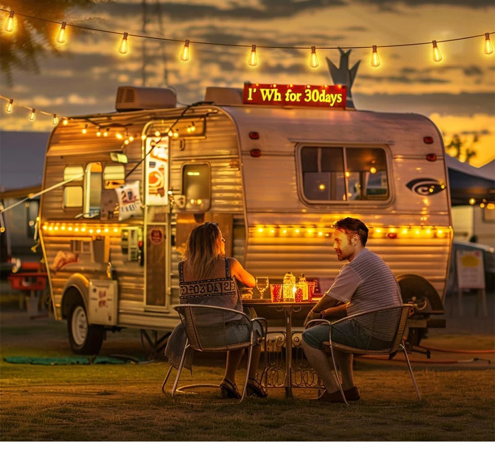 LED Outdoor String Light 12V Output Patio Lights with ST38 Vintage Plastic Bulb Waterproof Hanging String Lights for Backyard