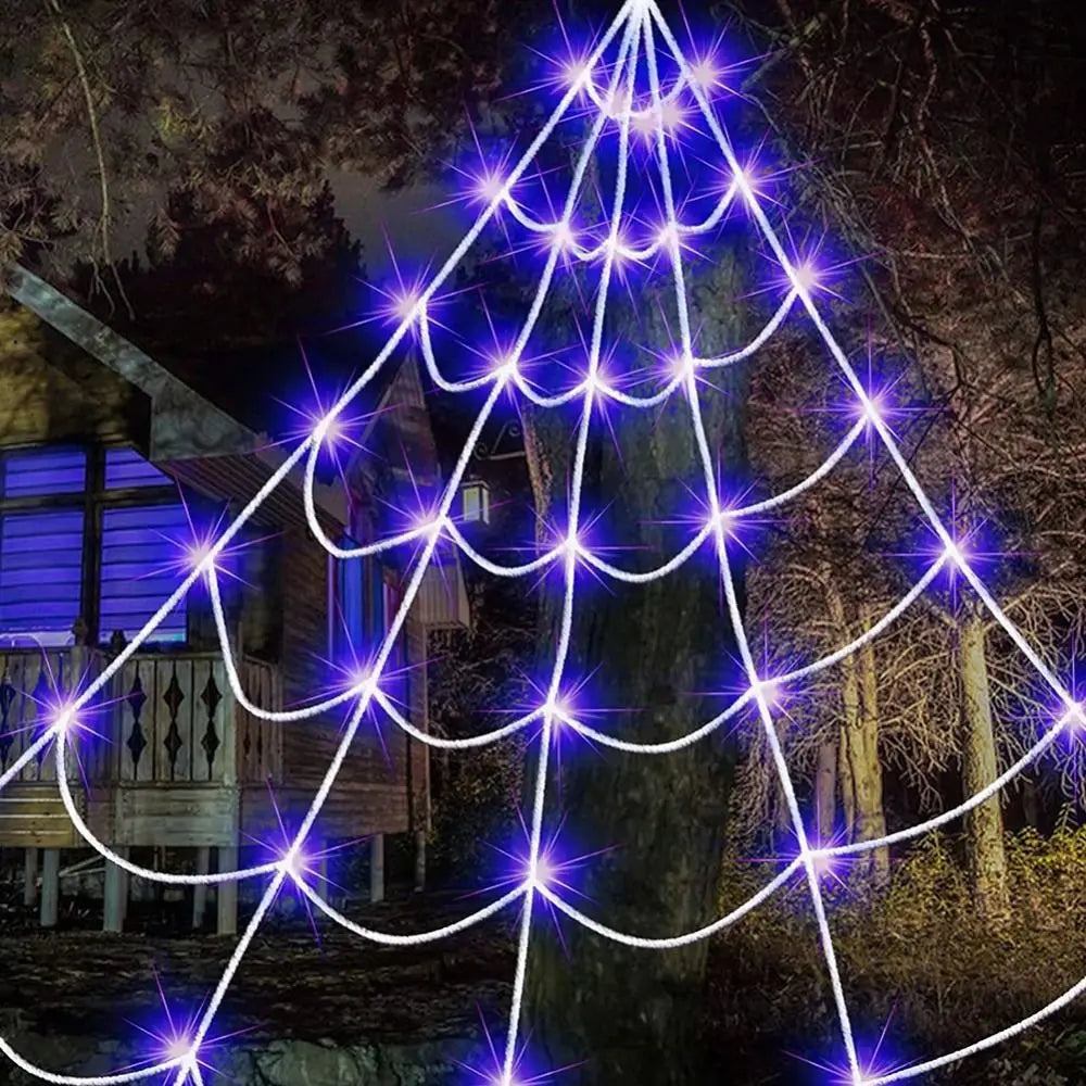 8 Modes Halloween Spider Web Lights Glow Waterproof LED Spider Net Triangle Hanging Scary Giant Spider Party