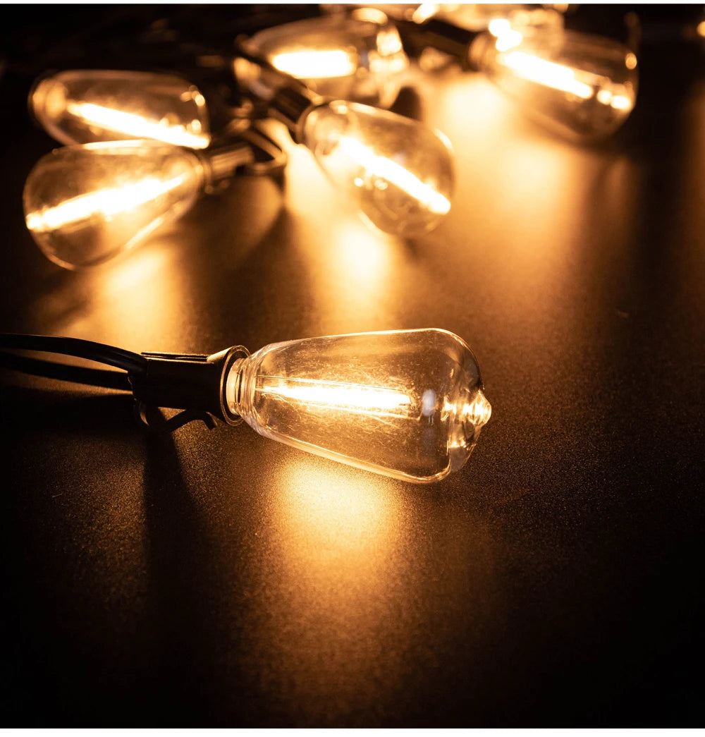 LED Outdoor String Light 12V Output Patio Lights with ST38 Vintage Plastic Bulb Waterproof Hanging String Lights for Backyard