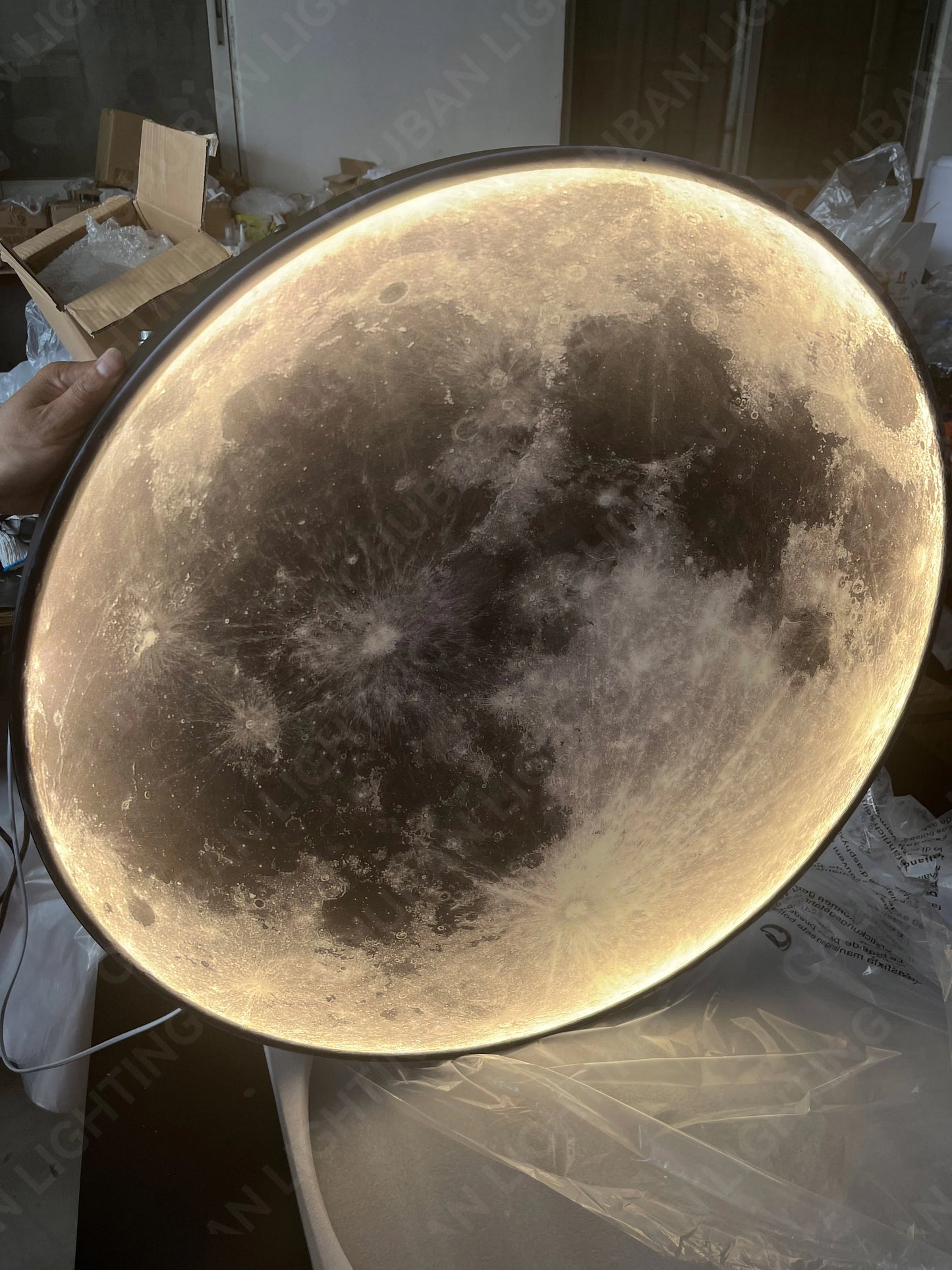 Light Luxury Modern Style Gray Moon Circular Porch Led Decoration Painting Luminous Light Painting Light Corridor End Mural - GlowMart