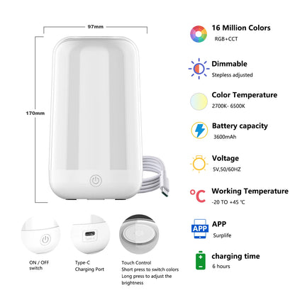 Smart Touch Table Lamp,App&Dimmable Small RGB Bedside Bed Lamp,Rechargeable Color Changing Nightstand Mood Cozy Lamp for Bedroom