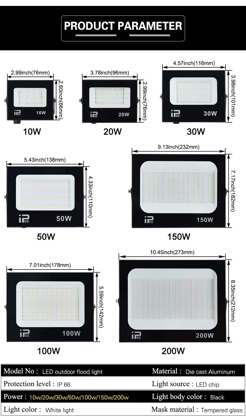 LED Flood Light Spotlight 100W 150W 200W IP66 Waterproof Outdoor Lighting 6500K Garage Gym Street Gate Wall Floodlights AC220V - GlowMart