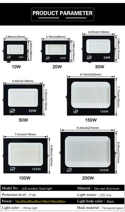 LED Flood Light Spotlight 100W 150W 200W IP66 Waterproof Outdoor Lighting 6500K Garage Gym Street Gate Wall Floodlights AC220V - GlowMart