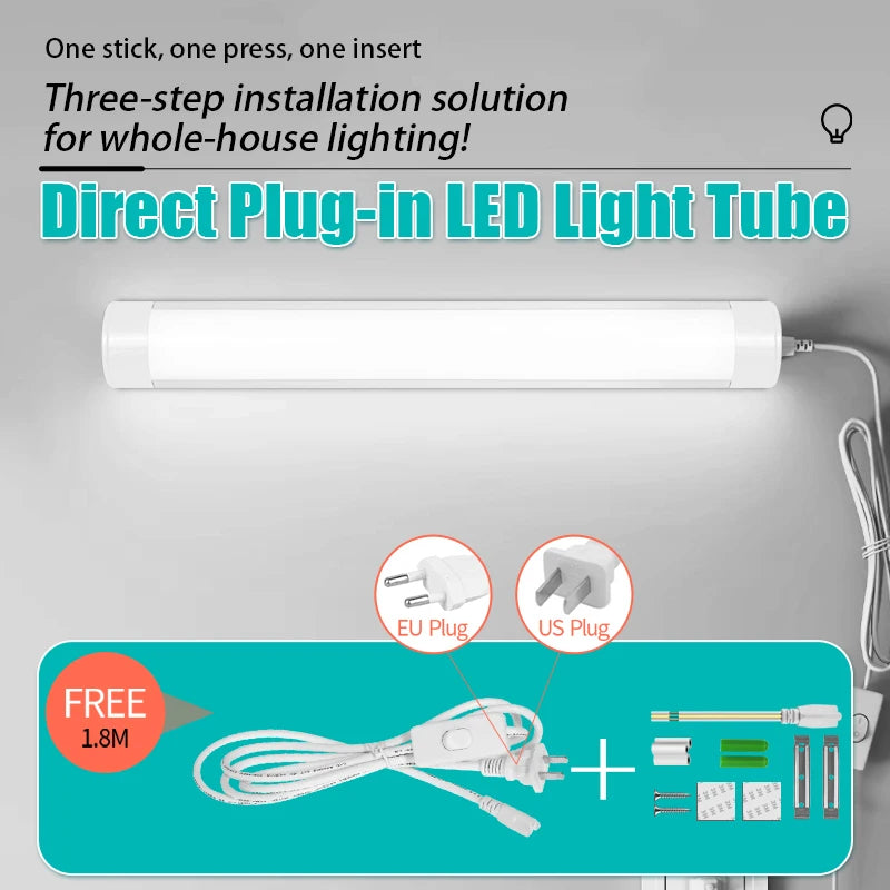 LED Light Tube Direct Plug-in Light Tube 110V 220V LED Lamp Tube Desk Work Study Shop Garage Warehouse Kitchen Cabinet Lighting - GlowMart