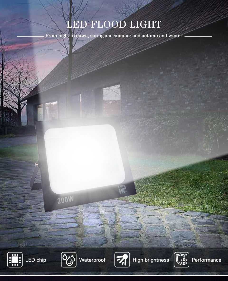 LED Flood Light Spotlight 100W 150W 200W IP66 Waterproof Outdoor Lighting 6500K Garage Gym Street Gate Wall Floodlights AC220V - GlowMart