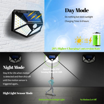 Solar Lights Outdoor 100LED 3 Modes 270° Lighting Angle Motion Sensor Security Lights for Backyard Garden Fence Patio Front Door
