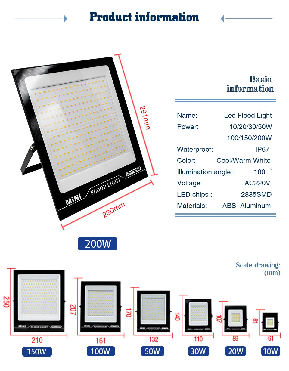 LED Flood Light 220V 10W 20W 30W 50W 100W 150W 200W IP67 Waterproof Floodlights Outdoor Garage Street Garden Yard Wall Lighting - GlowMart