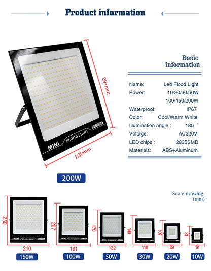 LED Flood Light 220V 10W 20W 30W 50W 100W 150W 200W IP67 Waterproof Floodlights Outdoor Garage Street Garden Yard Wall Lighting - GlowMart