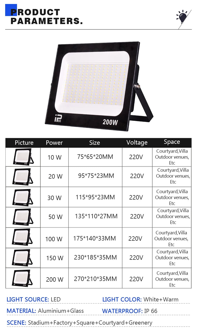 LED Floodlight Outdoor IP66 Waterproof Path Light Spotlight 10W 20W 30W 50W 100W 200W Outdoor Garden Porch Courtyard Lamp AC220V - GlowMart