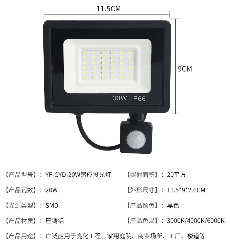 LED Floodlights 100W 50W 30W 20W 10W PIR Motion Sensor IP66 Waterproof LED 220V Hanging Exterior Outdoor Wall Lamp Spotlight - GlowMart