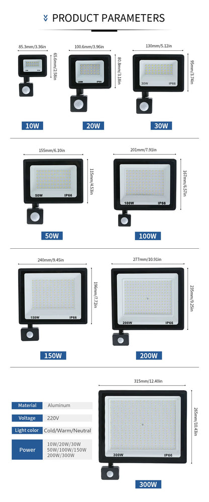 LED Flood Light PIR Motion Sensor 10W 20W 30W 50W 100W 150W 200W 300W AC220V IP66 Waterproof Spotlight Street Floodlight Outdoor - GlowMart