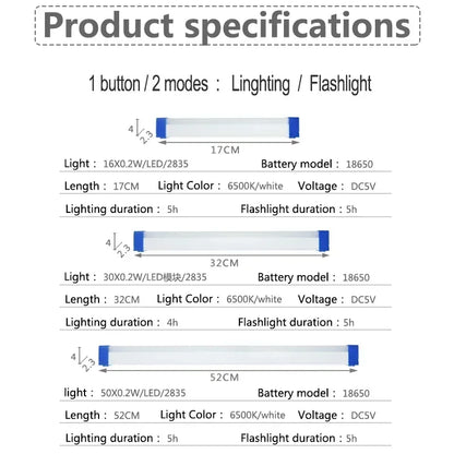 LED Rechargeable Lamp Tube USB 5V Emergency Light Camping Magnetic Portable Lightinging Night Market Outdoor Vehicle Hard Strip - GlowMart