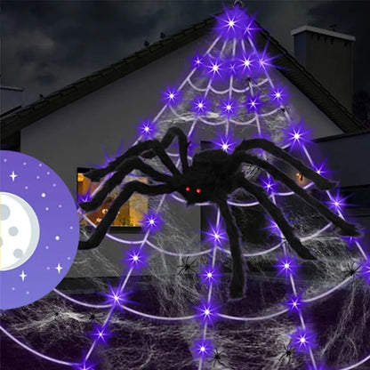 8 Modes Halloween Spider Web Lights Glow Waterproof LED Spider Net Triangle Hanging Scary Giant Spider Party