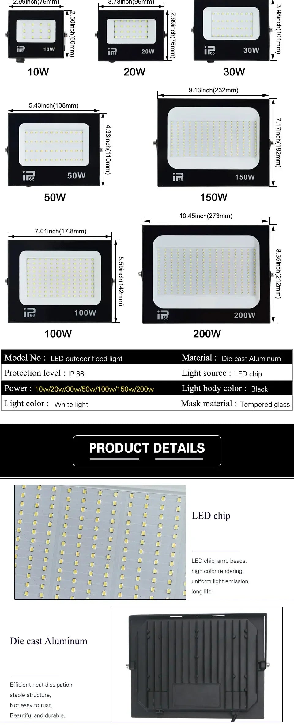 LED Flood Light Spotlight 100W 150W 200W Outdoor Lighting 6500K Waterproof Garage Gym Street Gate Wall Lamps Floodlights AC220V - GlowMart