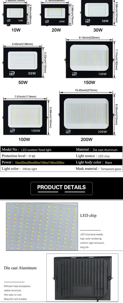 LED Flood Light Spotlight 100W 150W 200W Outdoor Lighting 6500K Waterproof Garage Gym Street Gate Wall Lamps Floodlights AC220V - GlowMart