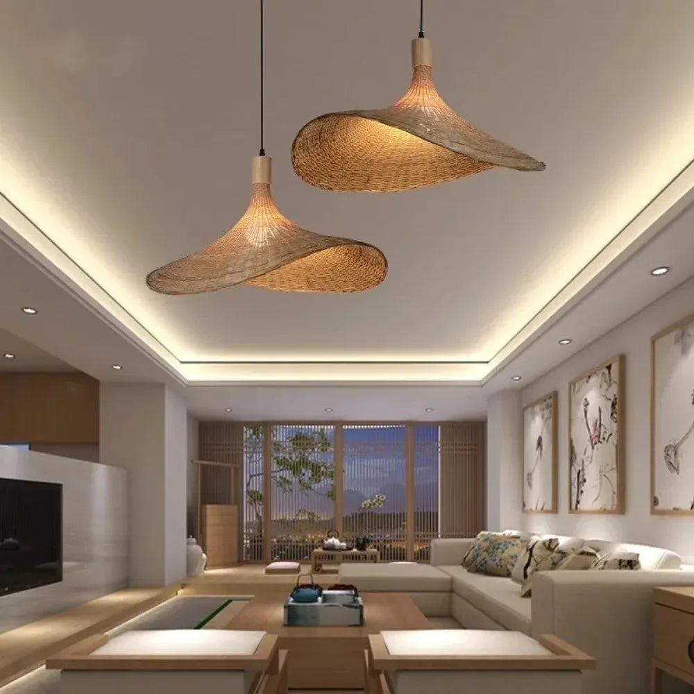 Pendant Light Rattan Hanging Lights Cord Bamboo Hanging Lamp Dimmable Basket Lamp Shade,Hemp Rope Plug in Ceiling Light Fixture - GlowMart