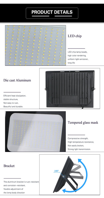 LED Flood Light Spotlight 100W 150W 200W IP66 Waterproof Outdoor Lighting 6500K Garage Gym Street Gate Wall Floodlights AC220V - GlowMart