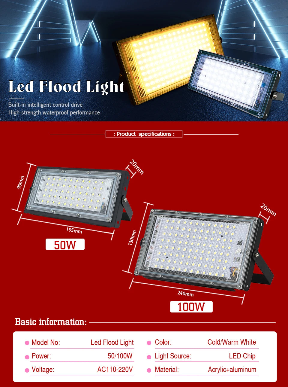 LED Flood Light 50W 100W Outdoor Lighting AC 110V 220V Floodlight IP65 Reflector Projecteur Led Exterieur Focus Spotlight - GlowMart