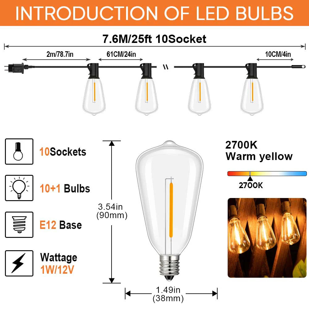 LED Outdoor String Light 12V Output Patio Lights with ST38 Vintage Plastic Bulb Waterproof Hanging String Lights for Backyard