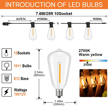 LED Outdoor String Light 12V Output Patio Lights with ST38 Vintage Plastic Bulb Waterproof Hanging String Lights for Backyard