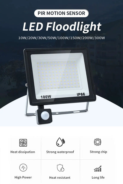 LED Flood Light PIR Motion Sensor 10W 20W 30W 50W 100W 150W 200W 300W AC220V IP66 Waterproof Spotlight Street Floodlight Outdoor - GlowMart