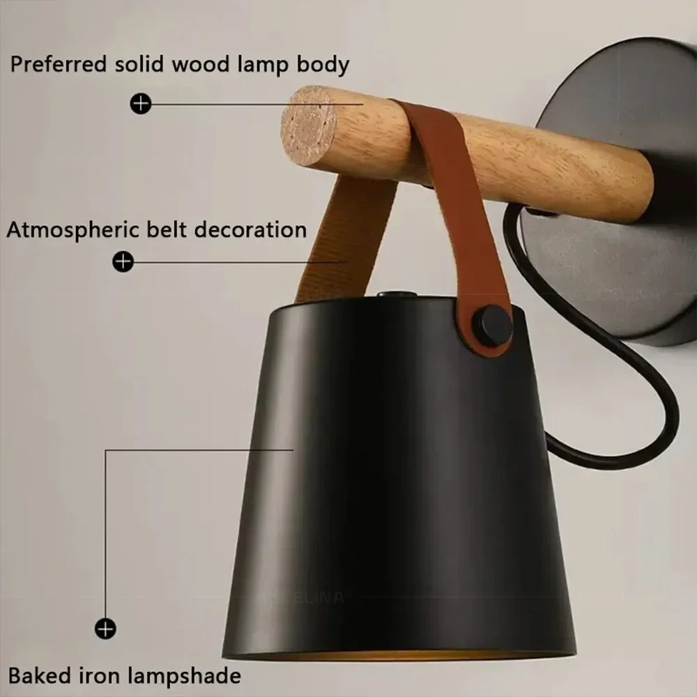 LED Bedside Wall Lamp Nordic Wood Leather Belt Hanging Sconces for Bedroom Study Living Room Modern Home Indoor Decorative Light