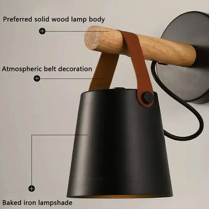 LED Bedside Wall Lamp Nordic Wood Leather Belt Hanging Sconces for Bedroom Study Living Room Modern Home Indoor Decorative Light