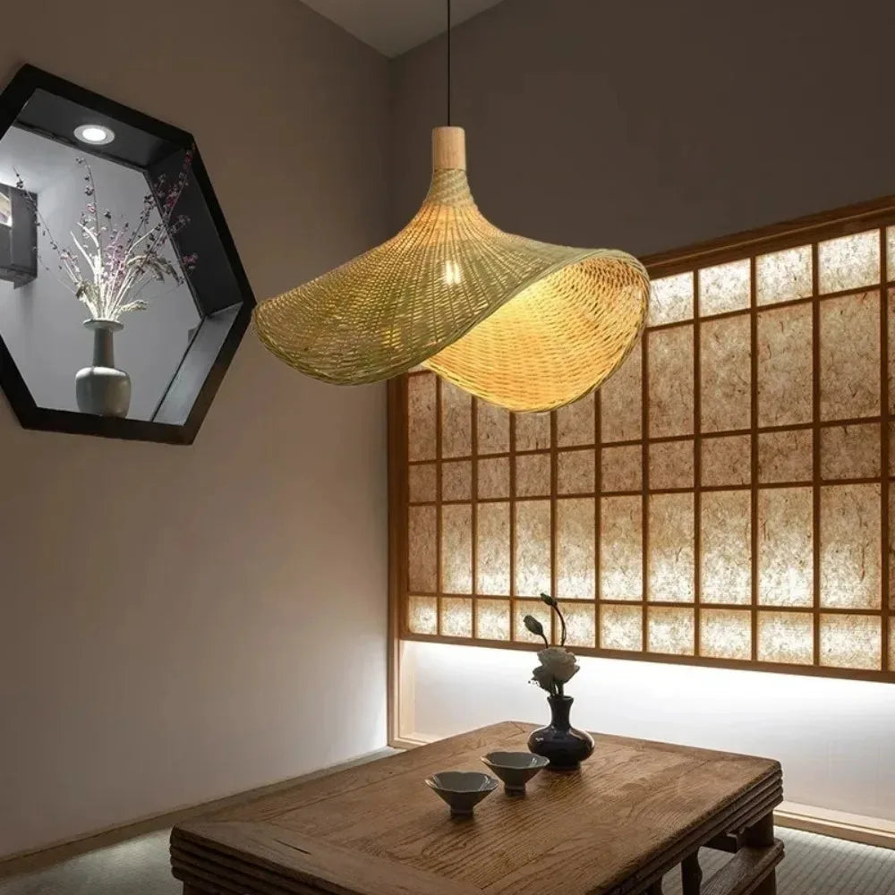 Pendant Light Rattan Hanging Lights Cord Bamboo Hanging Lamp Dimmable Basket Lamp Shade,Hemp Rope Plug in Ceiling Light Fixture - GlowMart