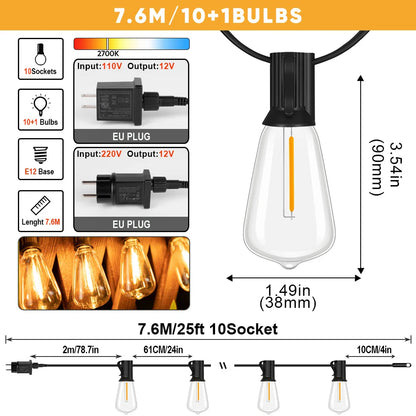 LED Outdoor String Light 12V Output Patio Lights with ST38 Vintage Plastic Bulb Waterproof Hanging String Lights for Backyard