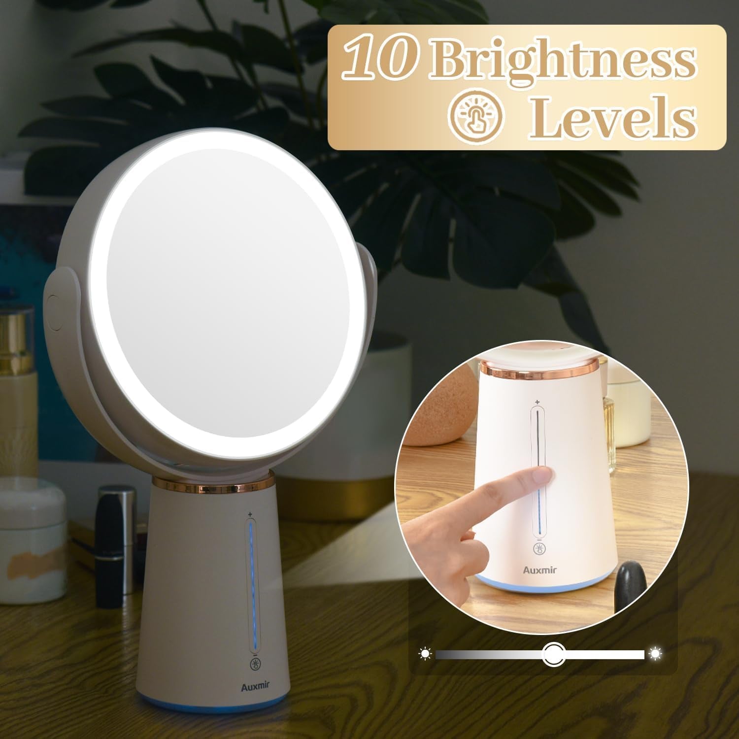 Makeup Mirror with Lights, 8.3'' Double-Sided 10X/1X Magnifying Mirror, 2500Mah USB Rechargeable Mirrors with 52 LED Lights and 10 Brightness, 360° Rotating Vanity Mirror for Bedroom, Bathroom