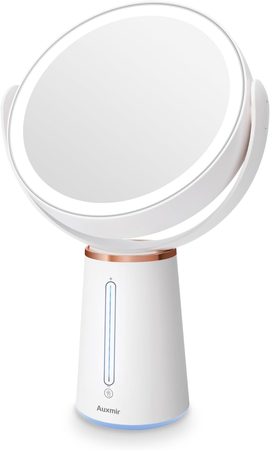 Makeup Mirror with Lights, 8.3'' Double-Sided 10X/1X Magnifying Mirror, 2500Mah USB Rechargeable Mirrors with 52 LED Lights and 10 Brightness, 360° Rotating Vanity Mirror for Bedroom, Bathroom