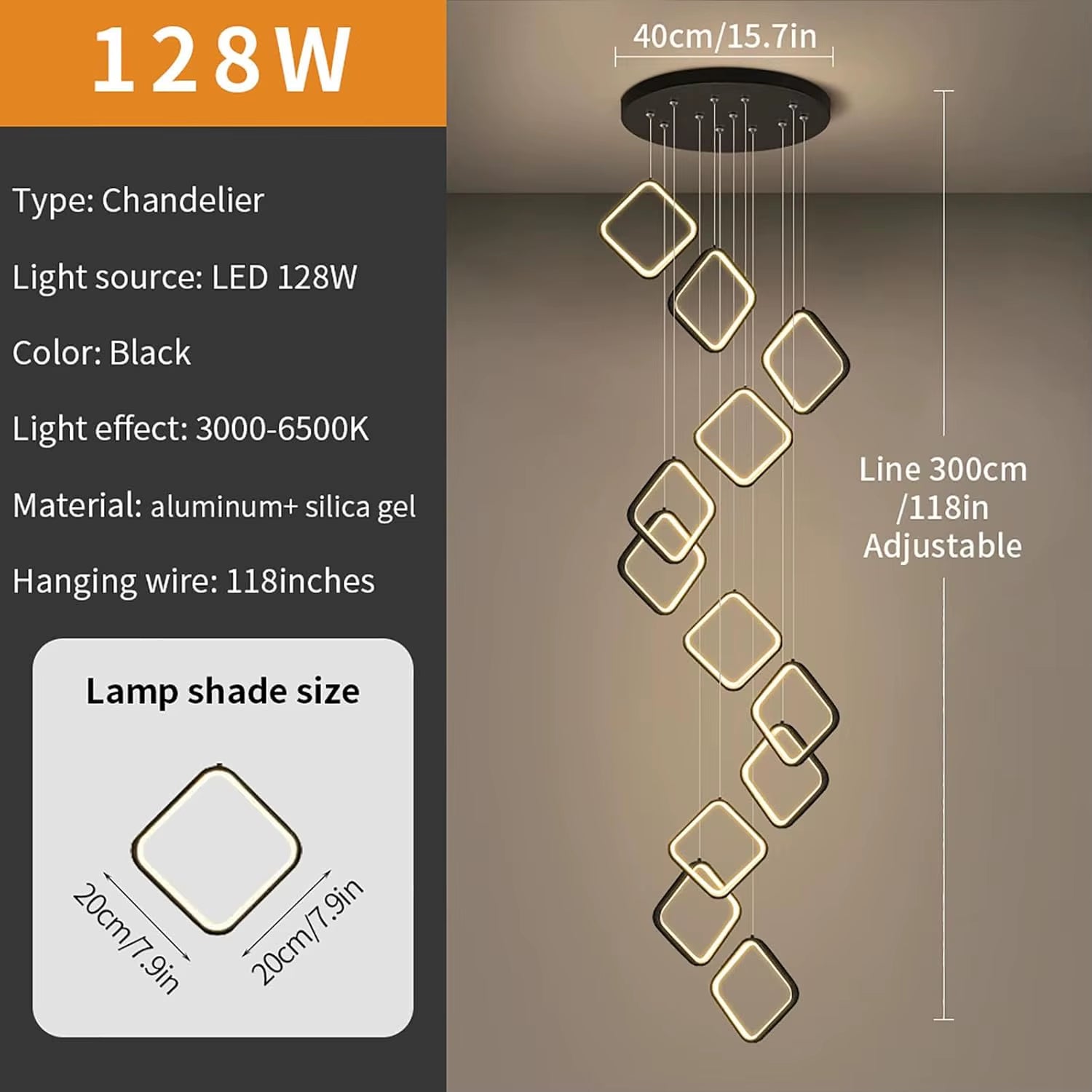 Chandelier for Stair High Ceiling,300Cm Adjustable Height Chandelier with Remote,Creative DIY Shap Ceiling Light Dimmable,Large