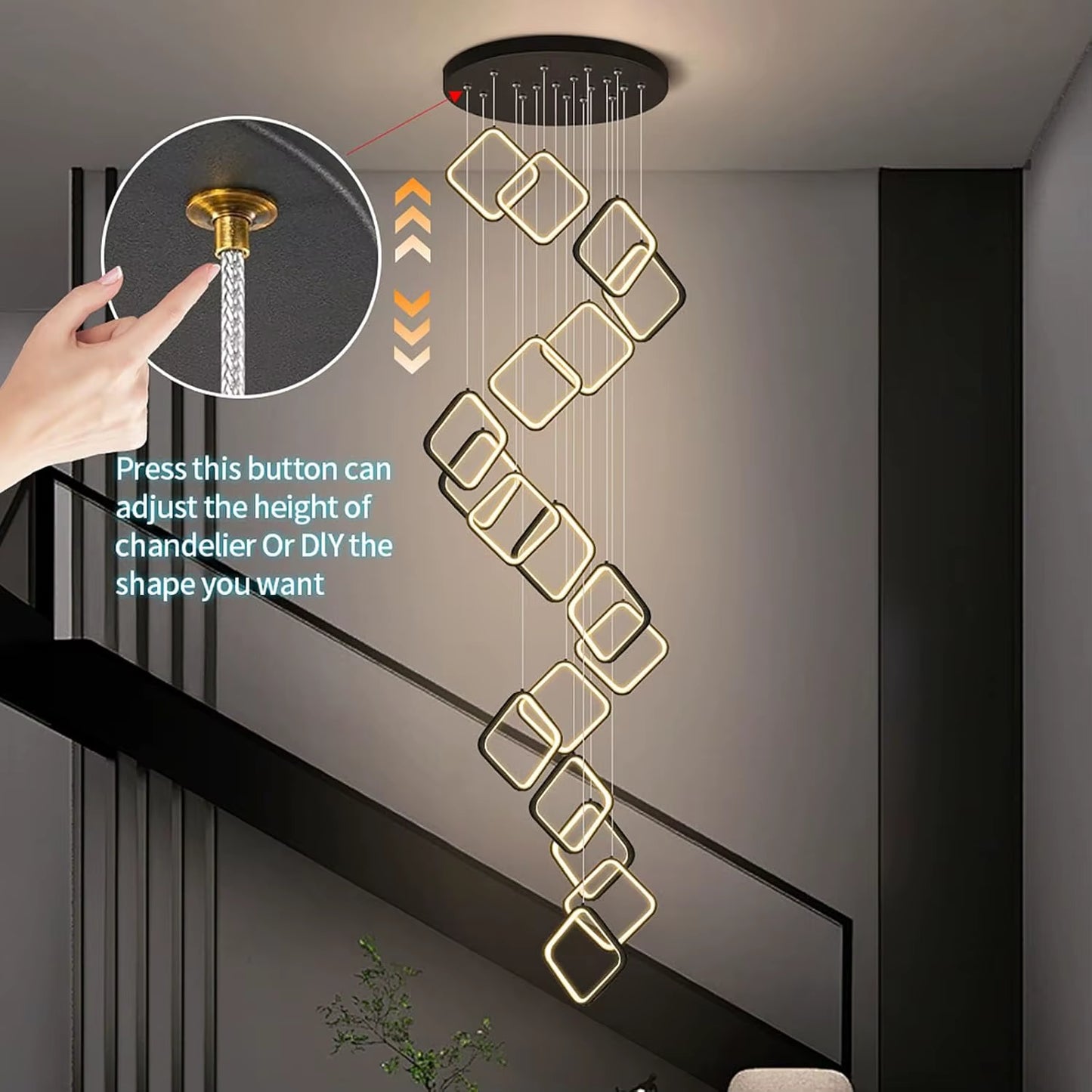 Chandelier for Stair High Ceiling,300Cm Adjustable Height Chandelier with Remote,Creative DIY Shap Ceiling Light Dimmable,Large