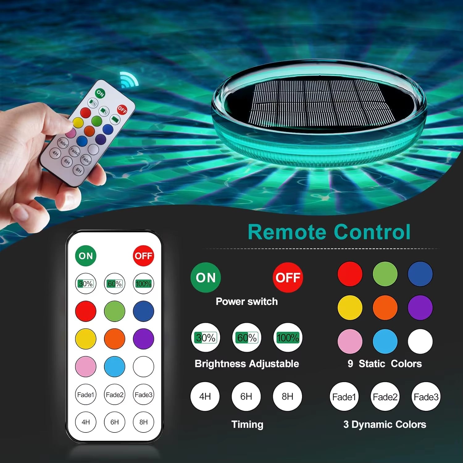 Solar Rechargeable Floating Pool Lights, RGB Changing Pool Light, Waterproof LED Solar Powered That Float with Remote Control