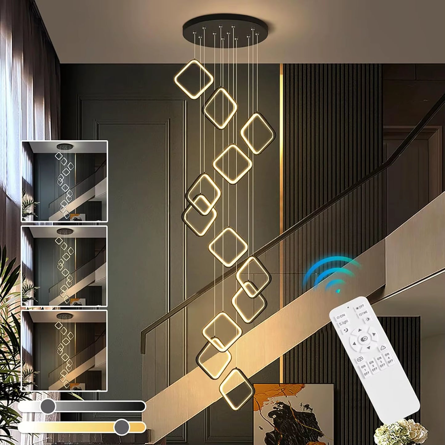 Chandelier for Stair High Ceiling,300Cm Adjustable Height Chandelier with Remote,Creative DIY Shap Ceiling Light Dimmable,Large