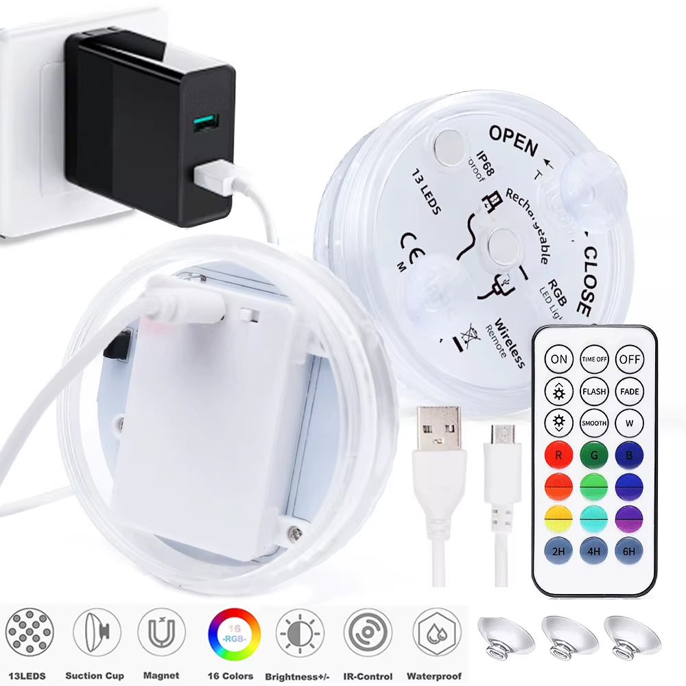 13 Leds Magnetic Submersible LED Light Waterproof Underwater Light USB Rechargeable Swimming Pool Night Lamp with Suction Cups