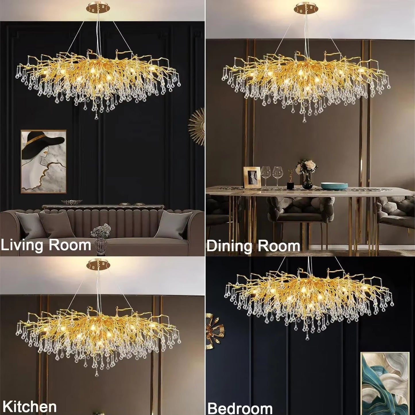 Rectangle Luxury Gold Crystal Chandelier for Dining Living Room Lobby Kitchen Table Modern Lurxy Gold Crystal Celling Chandelier