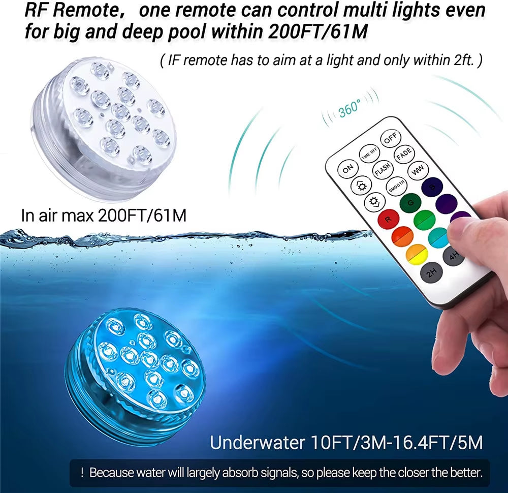 13 Leds Magnetic Submersible LED Light Waterproof Underwater Light USB Rechargeable Swimming Pool Night Lamp with Suction Cups