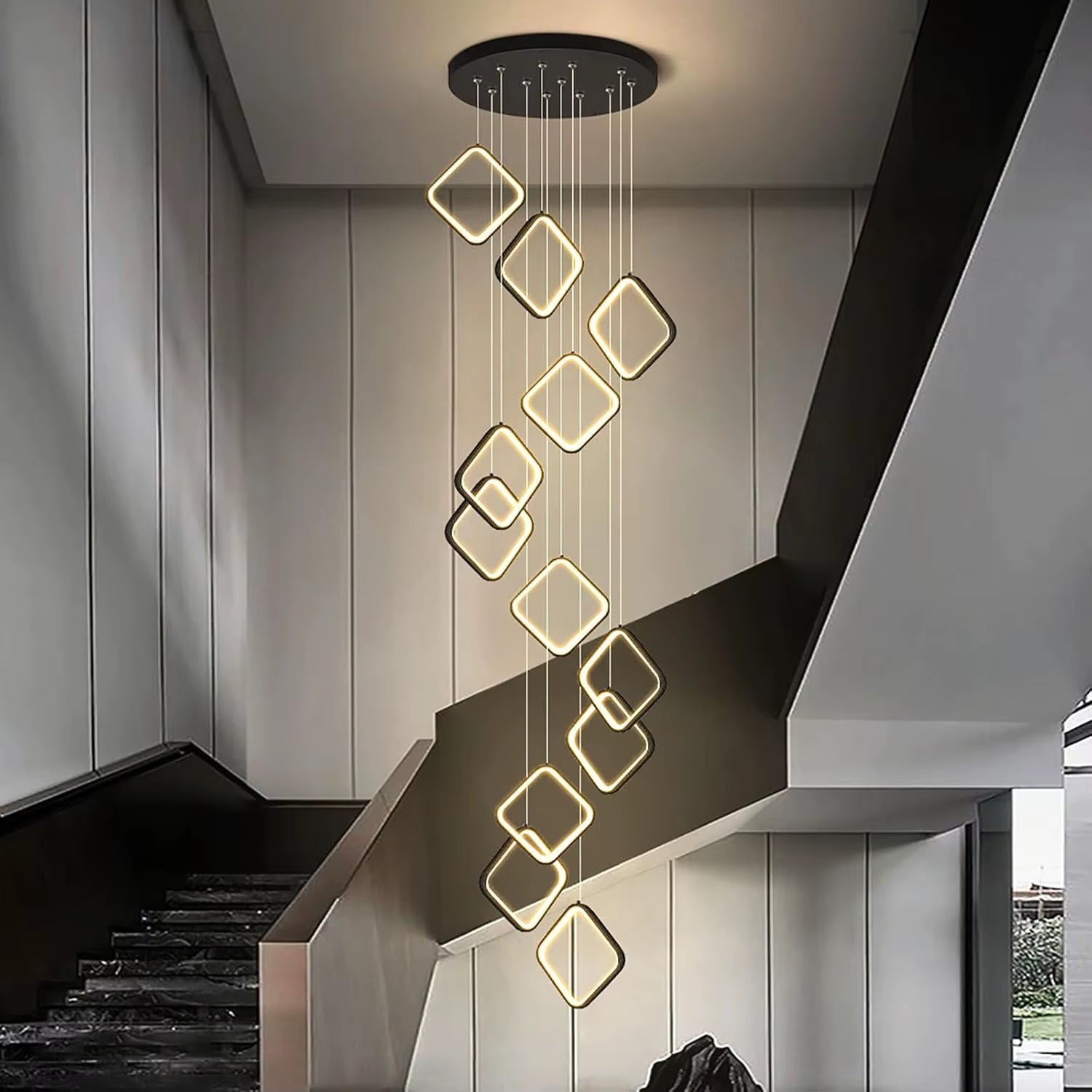 Chandelier for Stair High Ceiling,300Cm Adjustable Height Chandelier with Remote,Creative DIY Shap Ceiling Light Dimmable,Large