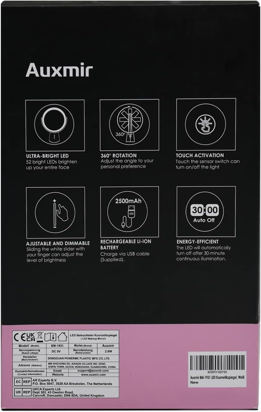 Makeup Mirror with Lights, 8.3'' Double-Sided 10X/1X Magnifying Mirror, 2500Mah USB Rechargeable Mirrors with 52 LED Lights and 10 Brightness, 360° Rotating Vanity Mirror for Bedroom, Bathroom