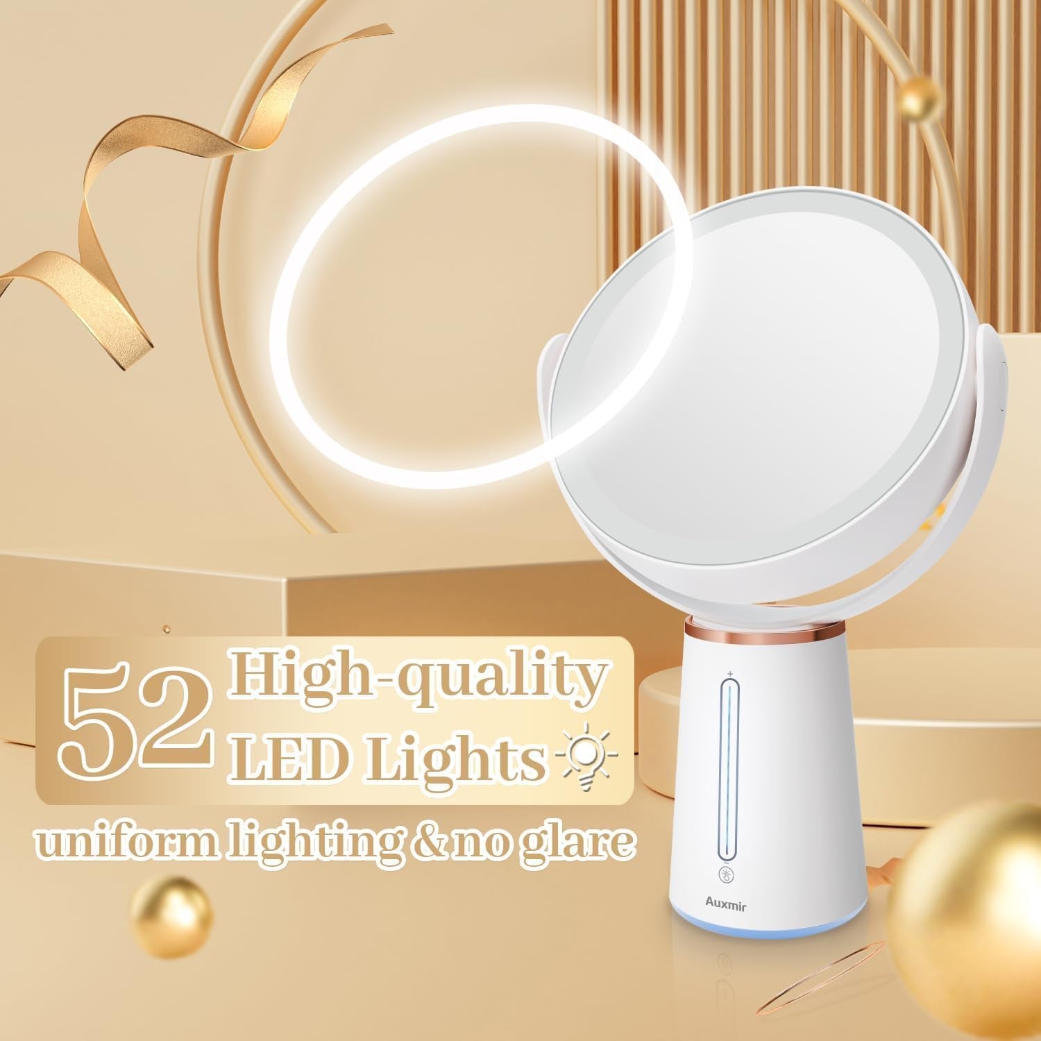 Makeup Mirror with Lights, 8.3'' Double-Sided 10X/1X Magnifying Mirror, 2500Mah USB Rechargeable Mirrors with 52 LED Lights and 10 Brightness, 360° Rotating Vanity Mirror for Bedroom, Bathroom